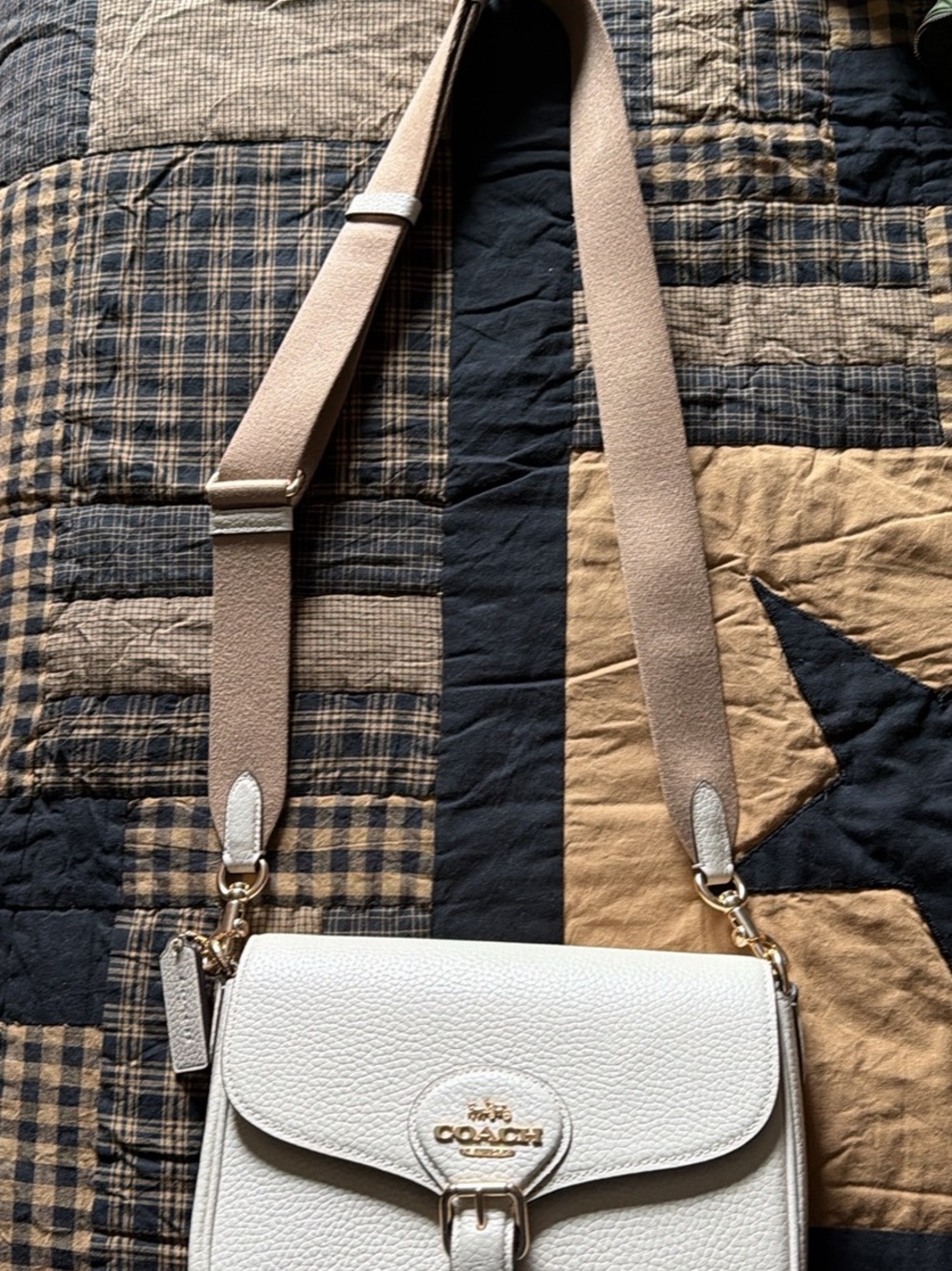 Coach White Pebbled Leather Crossbody with Beige Adjustable Strap
